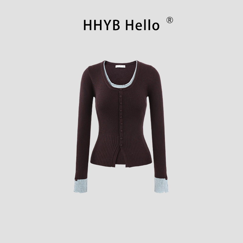 HHYB Hello复古假两件撞色抗条针织衫女春季新款U领上衣M1390