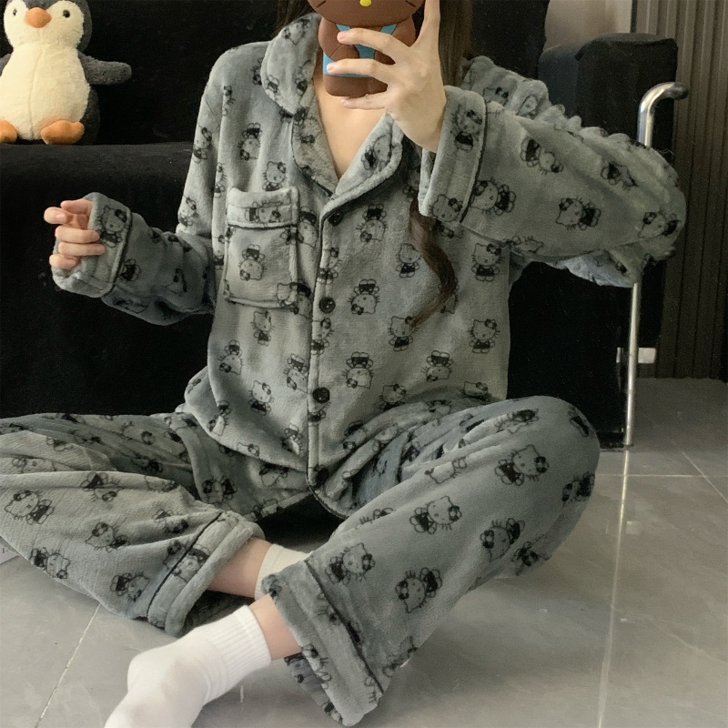 【灰KT法兰绒】秋冬季满印大码睡衣女加绒加厚保暖宽松家居服套装