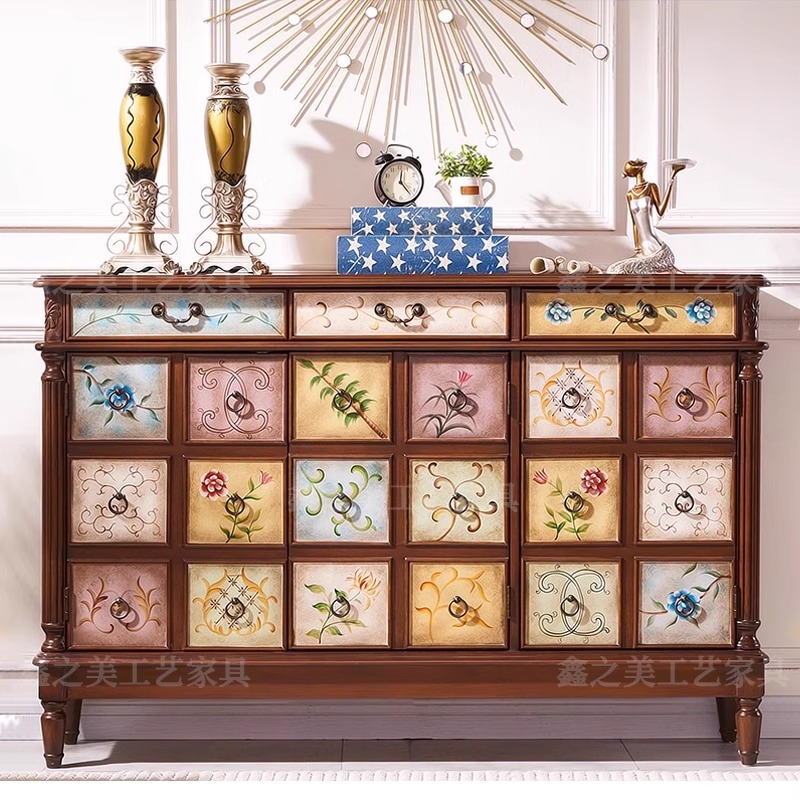 美式实木彩绘玄关玄关柜鞋柜门厅收纳柜储物柜餐厅餐边柜隔断柜子
