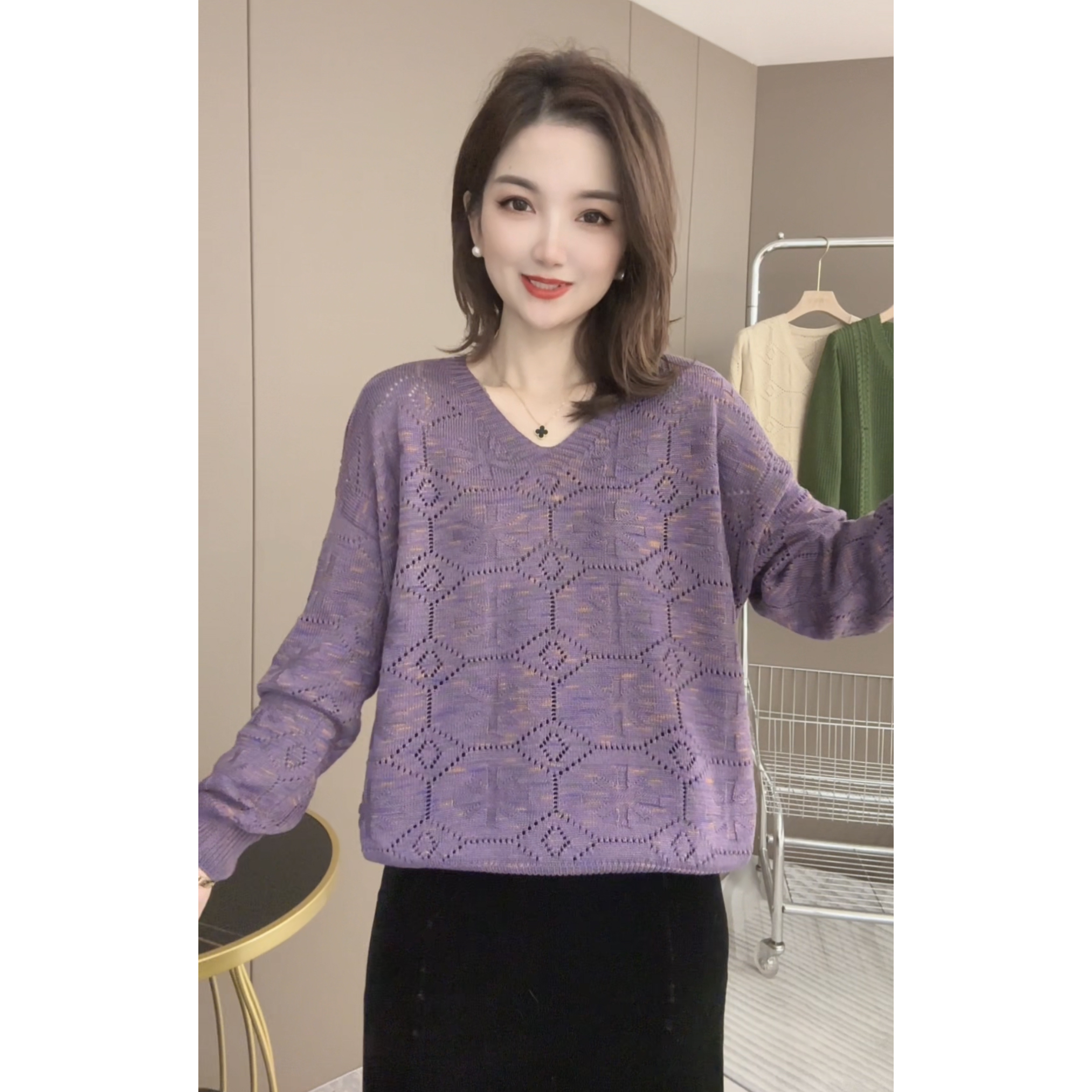 【长袖V领~七彩棉线】2025秋冬新款女装韩版宽松V领套头针织衫上衣
