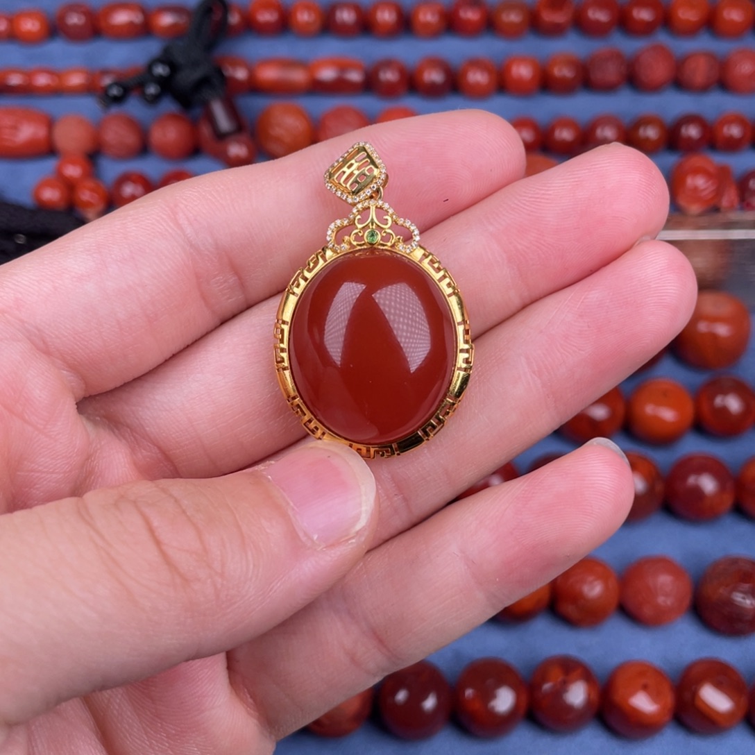 南红玛瑙18K金镶嵌其他22mm瓦西锦红原矿吊坠