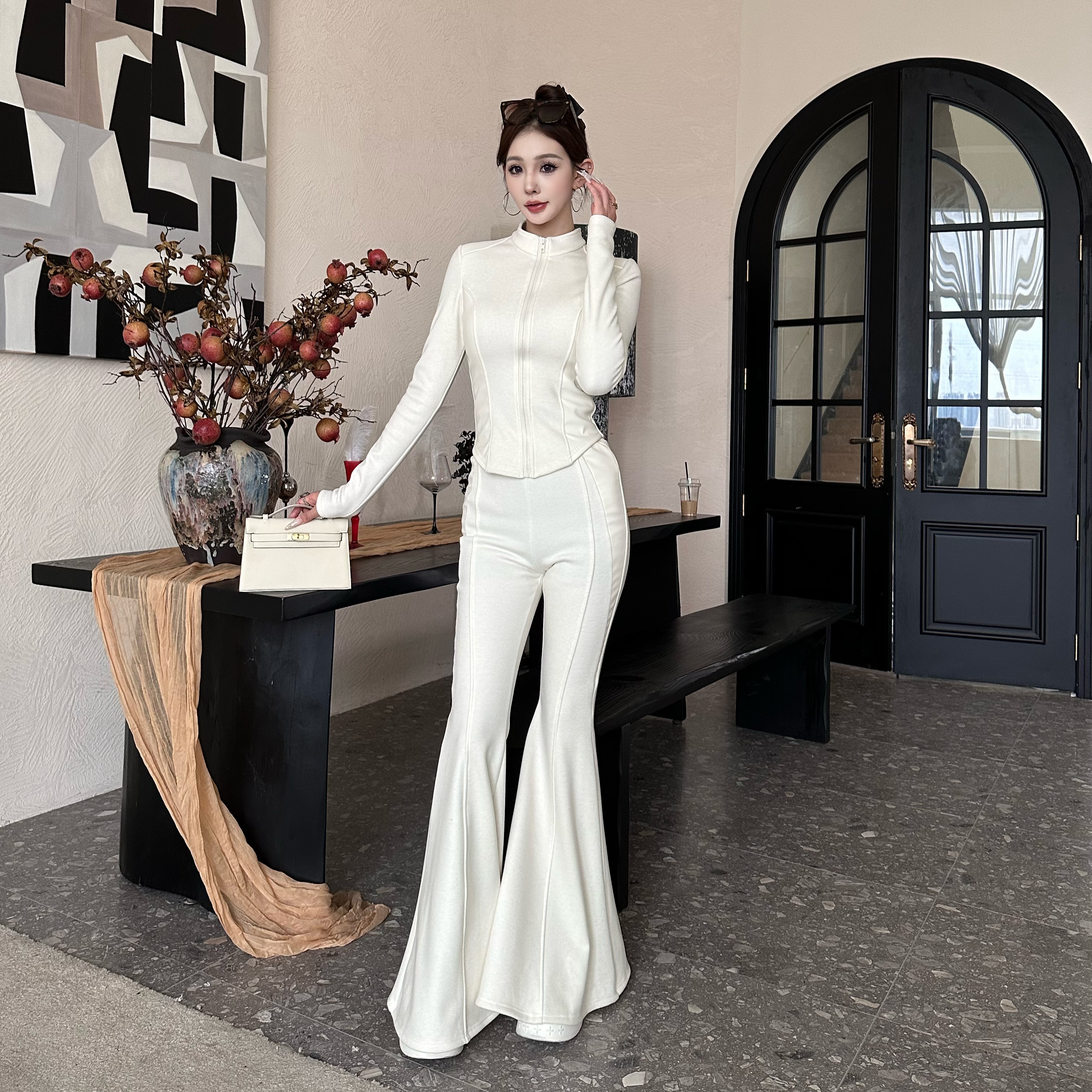 NN 加绒款百搭通勤气质时尚修身套装长款喇叭裤显瘦两件套