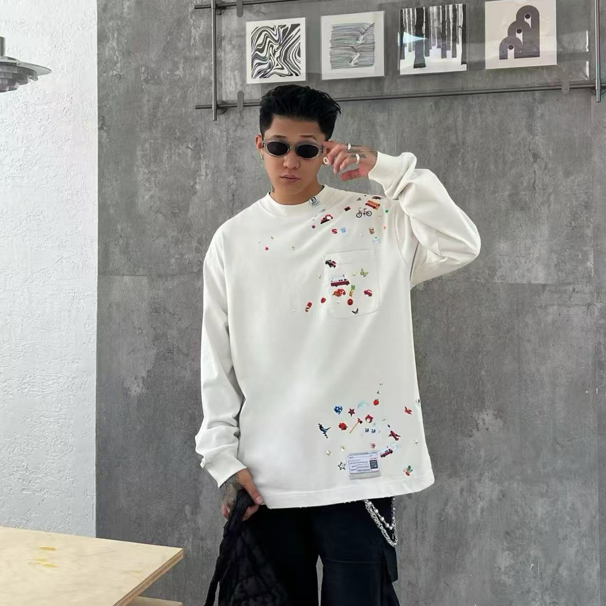 假两件不规则全衣磨破T恤男女同款休闲宽松百搭上衣潮流