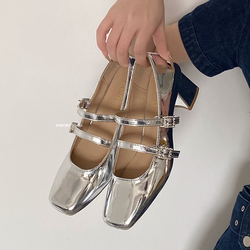 银色法式小香风粗跟玛丽珍鞋女2025年新款夏季高跟鞋方头浅口单鞋
