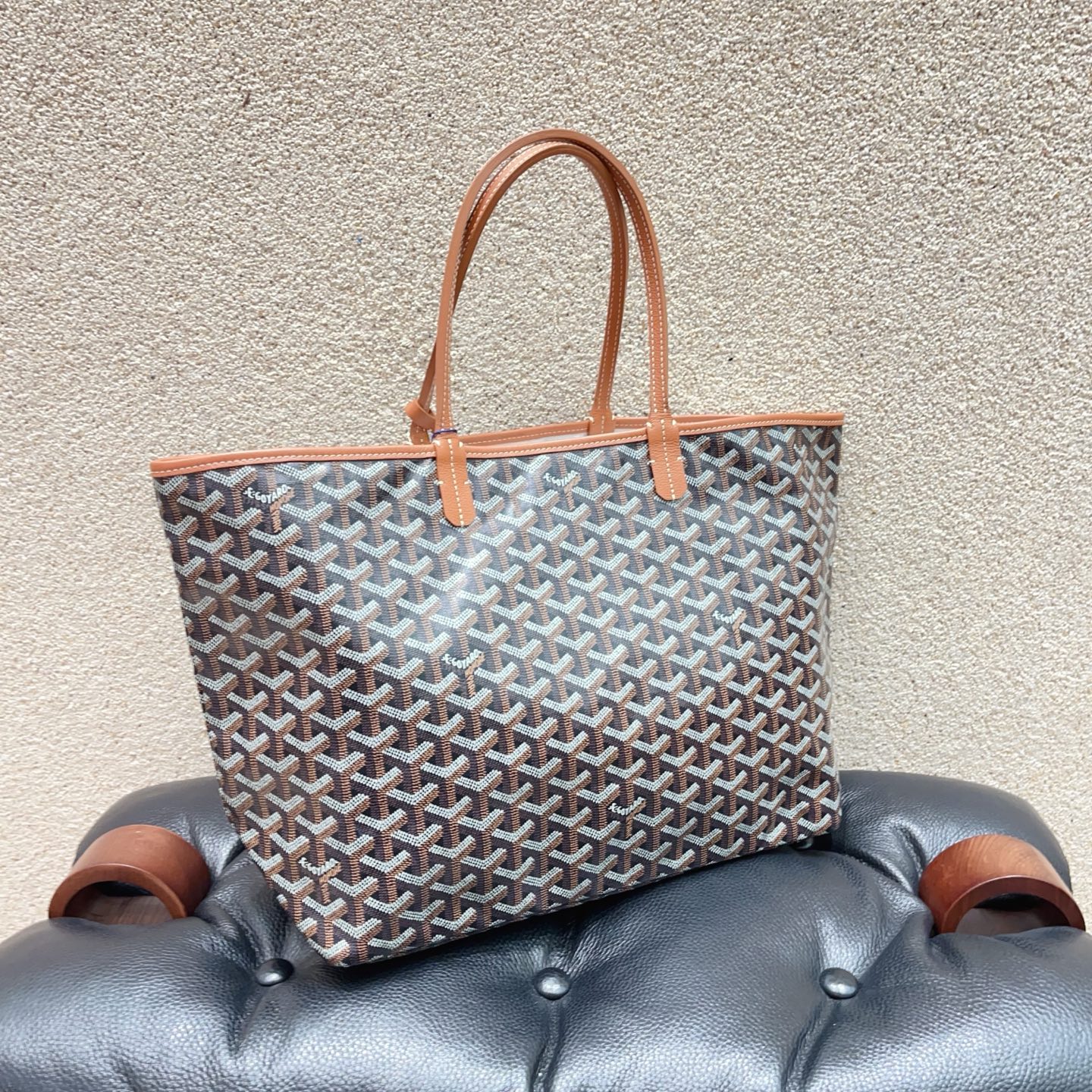 99新 Goyard Saint Louis小号棕色 帆布拼皮 手提单肩包
