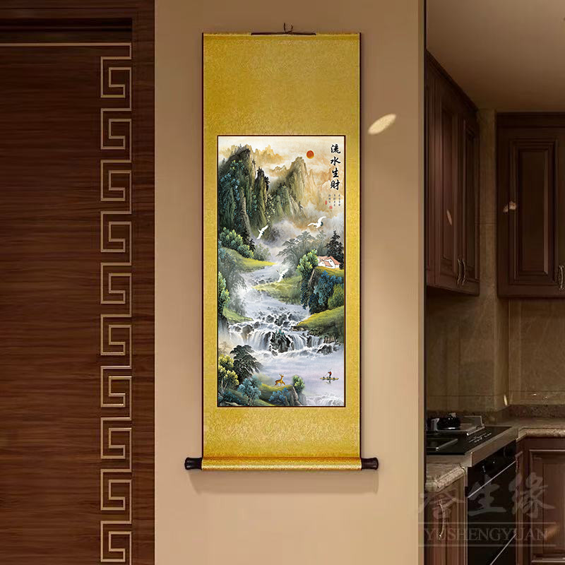 D25精装160*60《流水生财》中式数字微喷立式挂画卷轴画