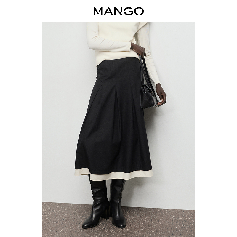 MANGO女装半身裙2025秋装新款气质显瘦学院拼接黑色百搭半身裙
