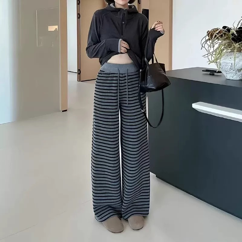 【小个子定制】复古条纹裤高腰宽松窄版显瘦慵懒休闲拖地裤