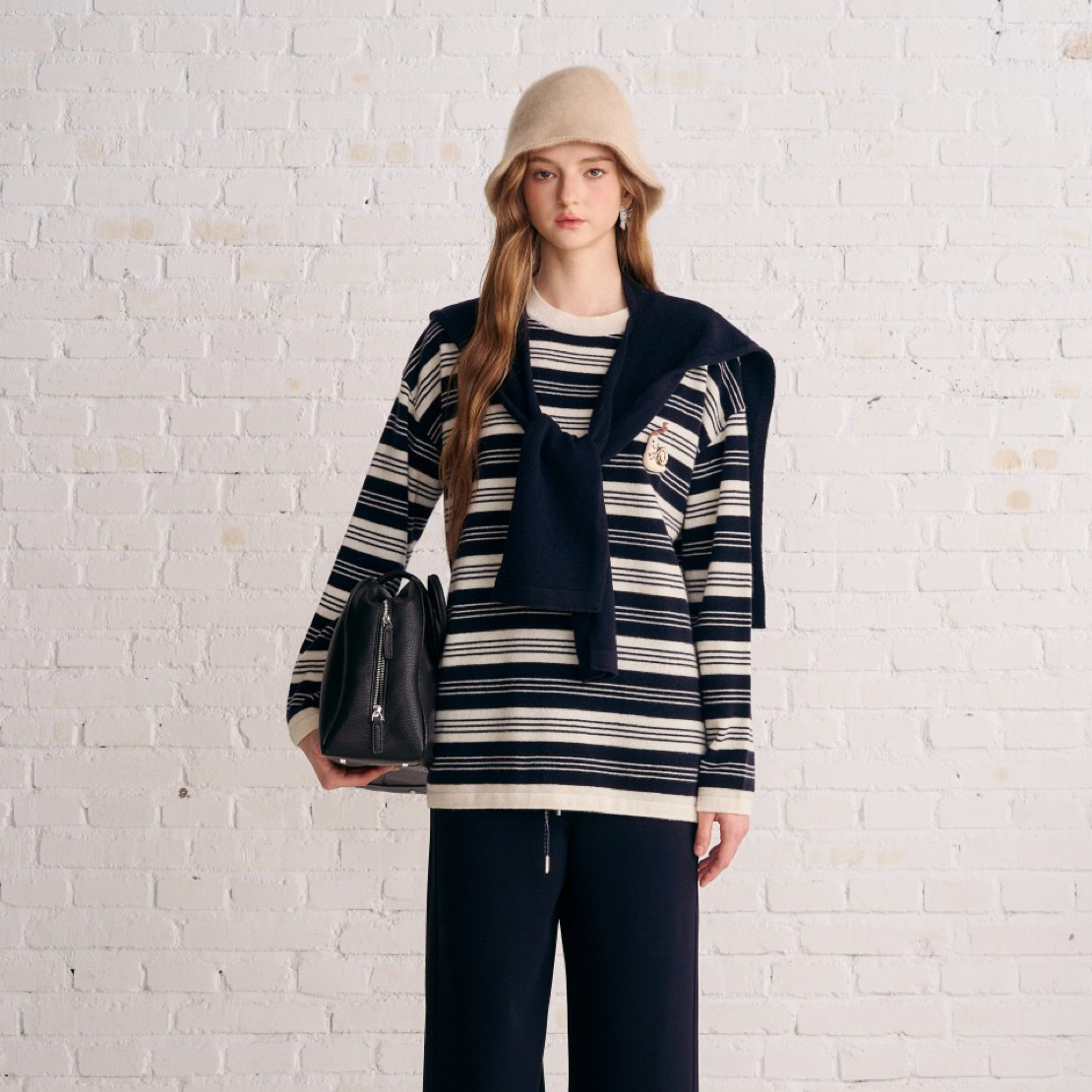 Aimme sparrow｜新款上新条纹小蜗牛海军领披肩两件套针织衫