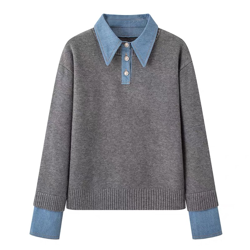 商场同款2025冬新款时尚简约百搭拼接翻领长袖针织衫女上衣2041