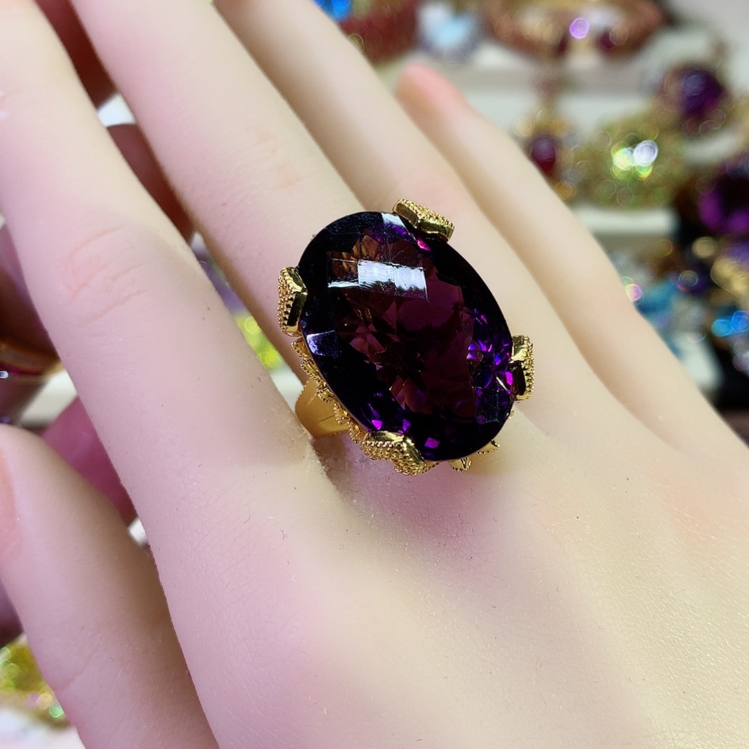 紫晶戒指银S925镀金镶嵌