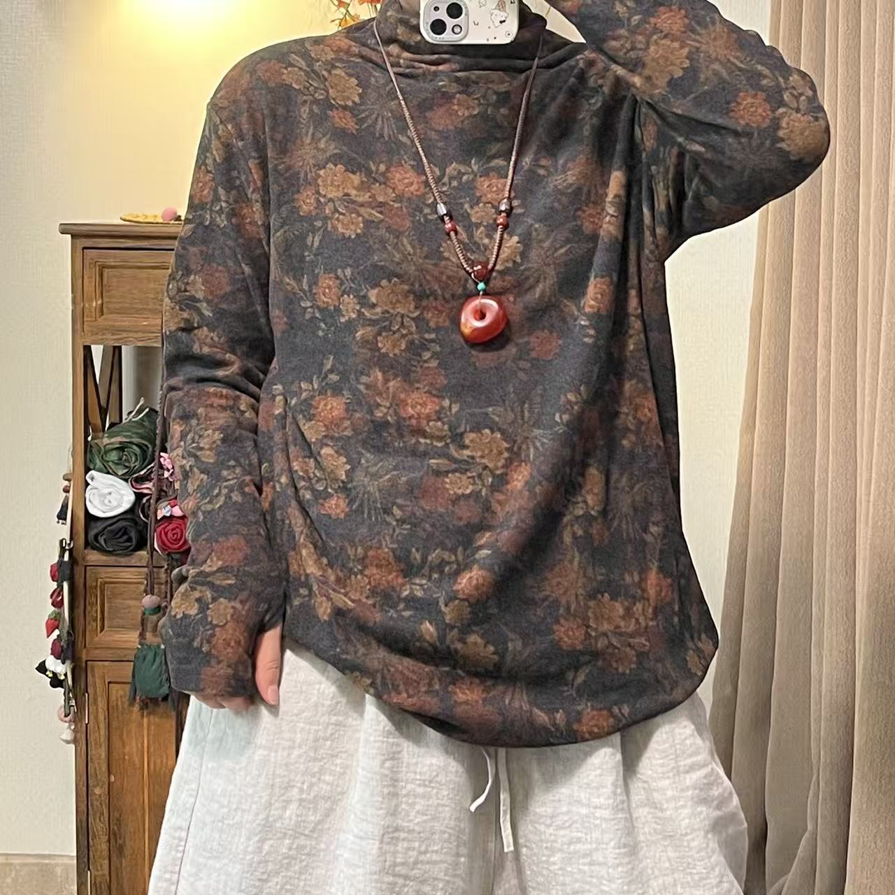 爱麻 秋冬复古花色双面德绒套袖半高领打底衫