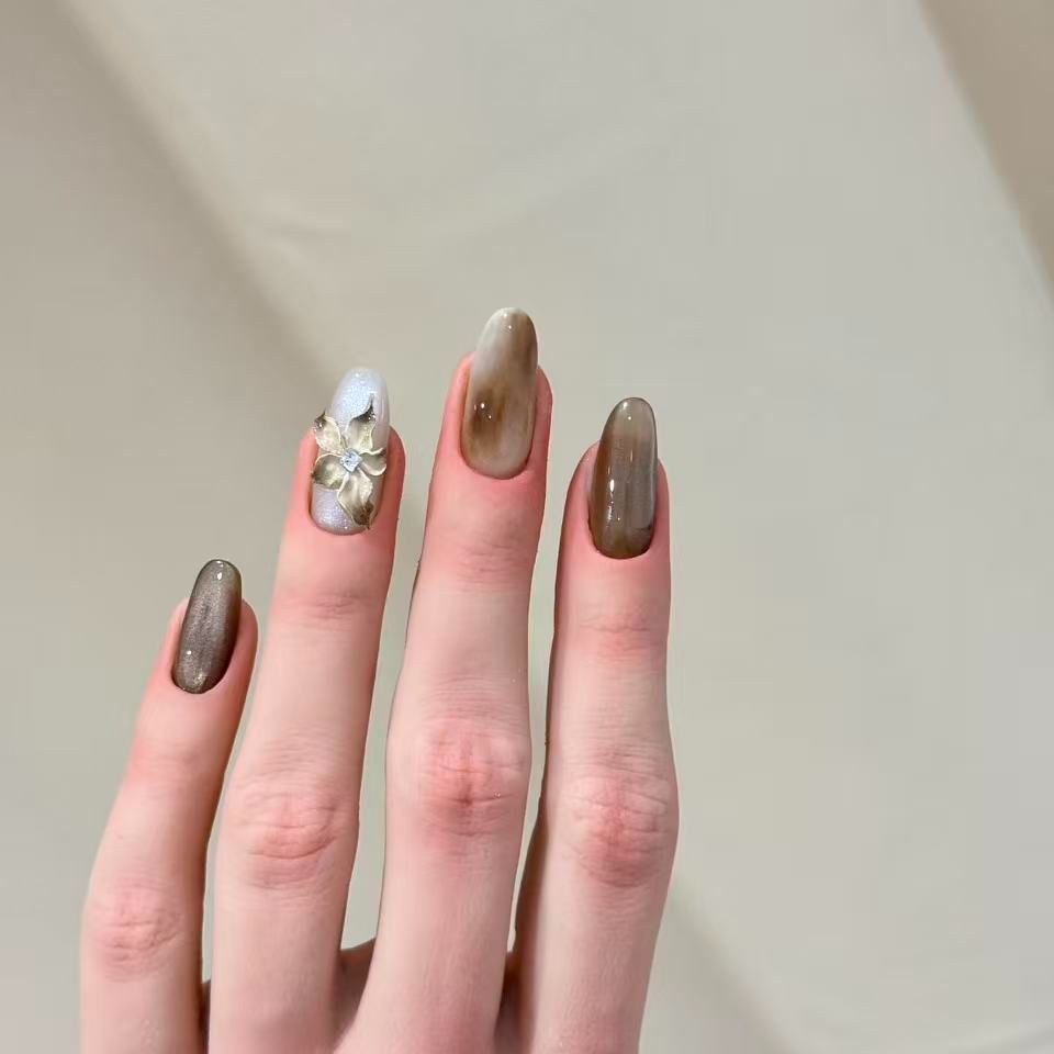 【棕系花】纯手工冰花高级立体猫眼雕花显白ins美甲穿戴甲