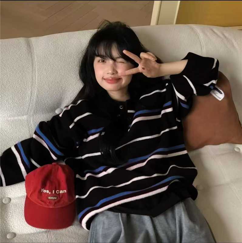 （G676）2025秋季新款大码复古撞色条纹毛衣韩系休闲减龄针织衫女