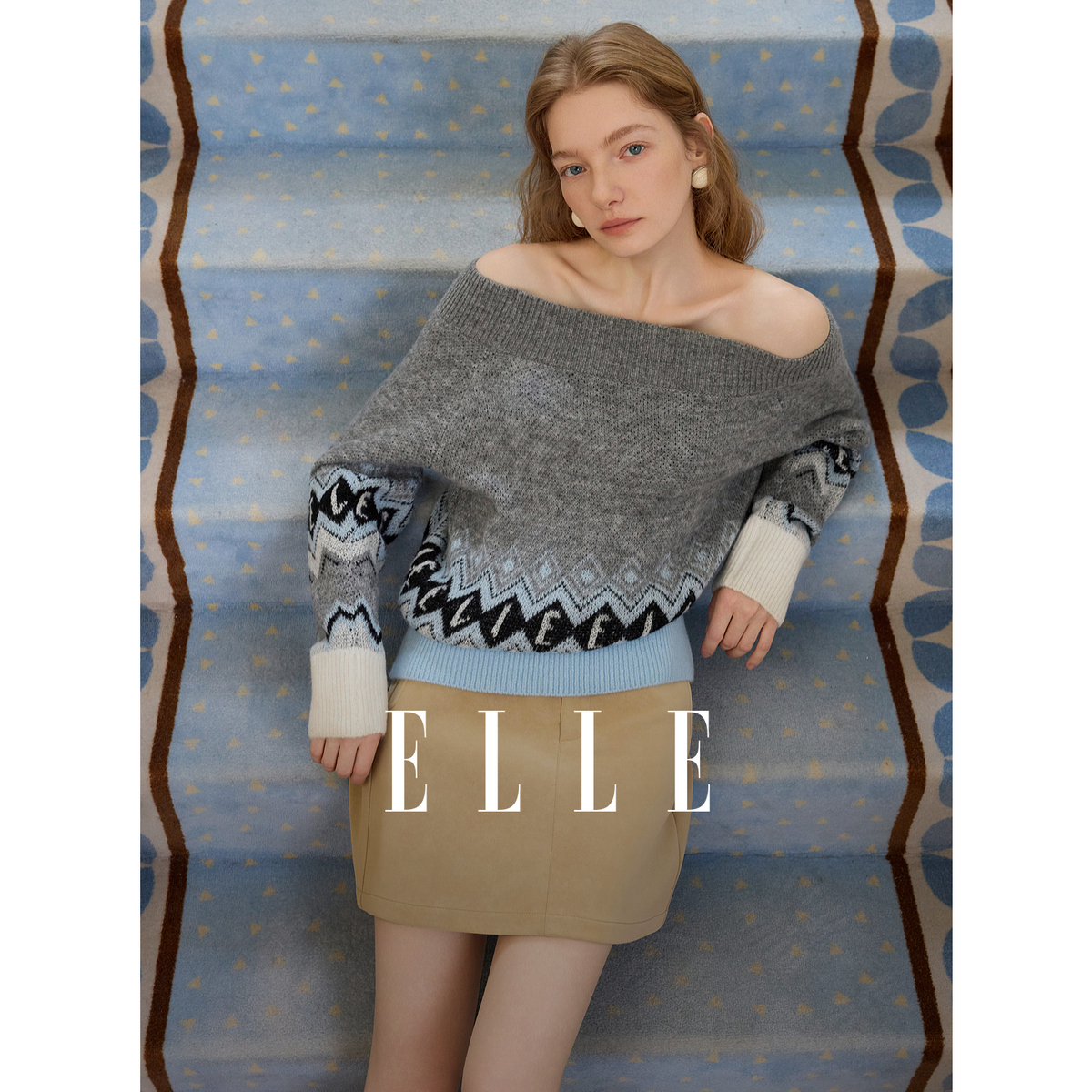ELLE女装费尔岛圣诞提花毛衣26春新款慵懒休闲软糯针织衫EZ64184