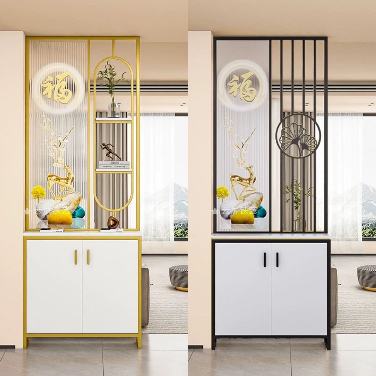 现代轻奢艺术长虹玻璃隔断入户门客厅简约进门玄关鞋柜一体屏风