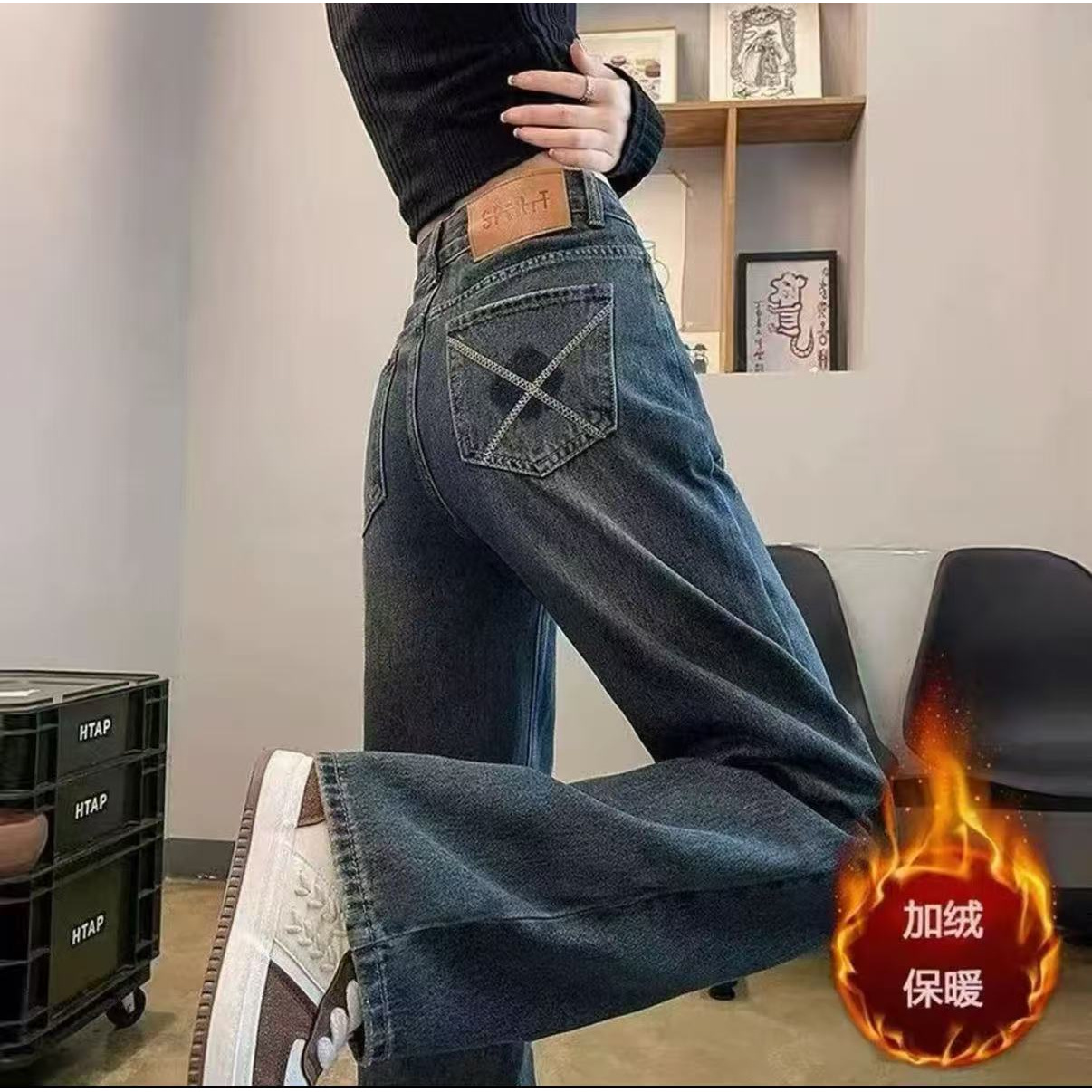 【现货 运费险】加绒水泥灰新款潮流牛仔裤女秋冬宽松显高显瘦百搭