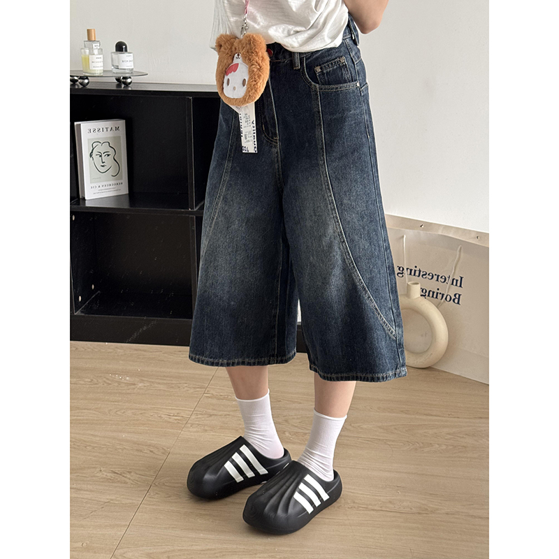 美式复古蓝色高腰显瘦七分牛仔裤女夏季新款宽松高腰阔腿直筒中裤