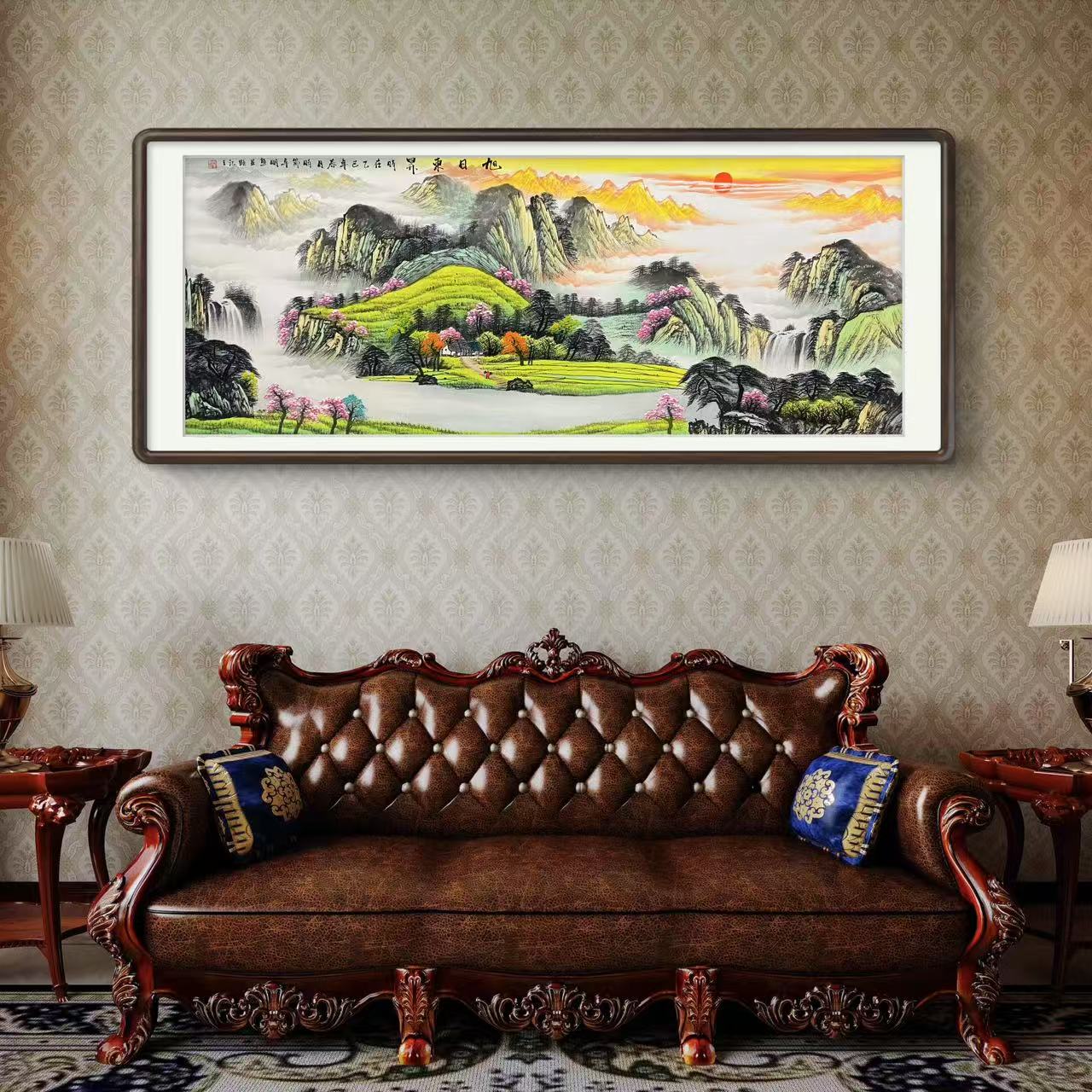 《旭日东升》手绘青绿山水画六尺横幅画客厅办公室挂画作品文玩探宝