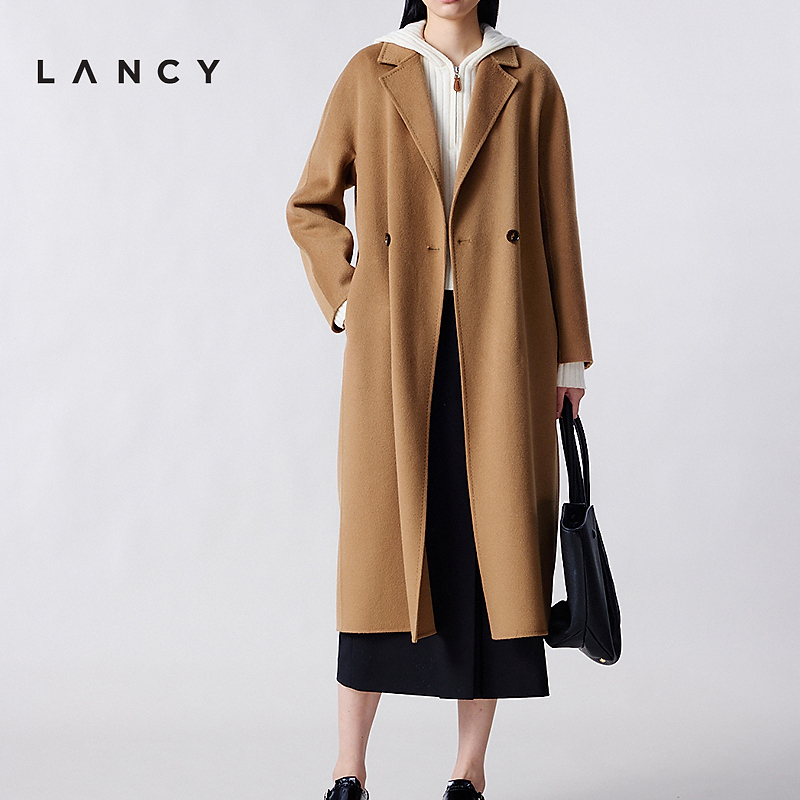 LANCY/朗姿2025冬季新款绵羊毛山羊绒桑蚕丝混纺中长款毛呢外套女