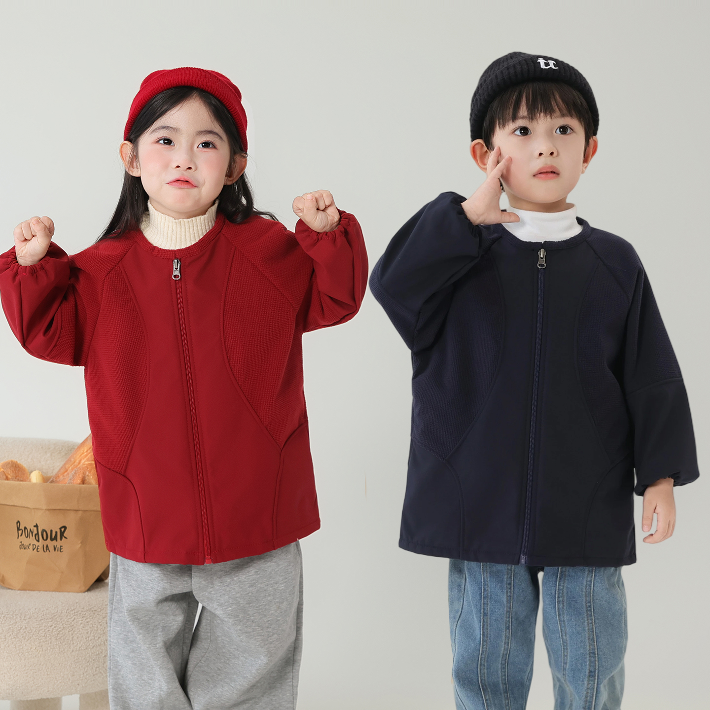 儿童防水罩衣加绒长袖秋冬拉链幼儿园外穿吃饭防脏男孩女宝宝围兜