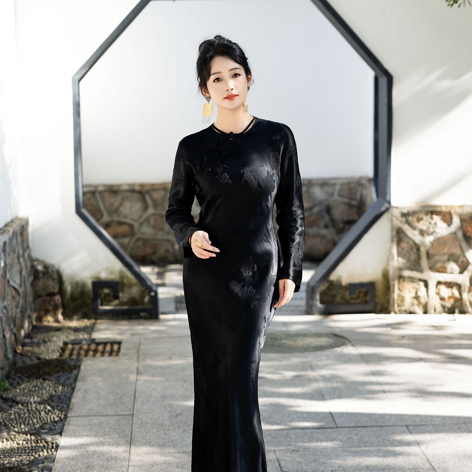 华裳格【玲珑】新中式真丝冠乐绉斜襟一字扣修身显瘦连衣裙HS141