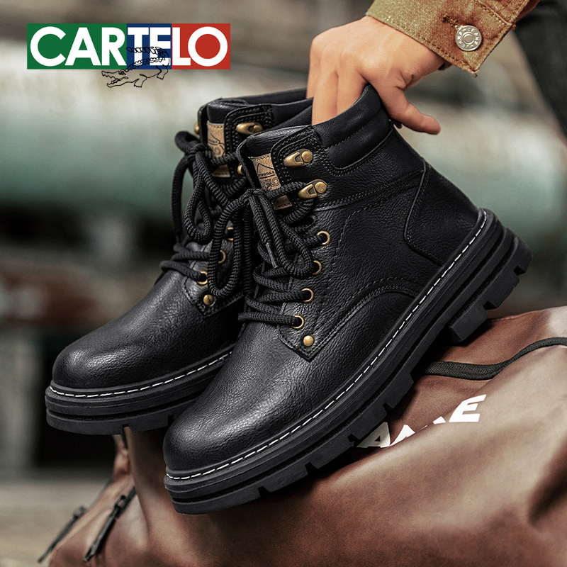 卡帝乐鳄鱼新款英伦风男款马丁靴高帮工装靴秋冬厚底增高皮靴男鞋
