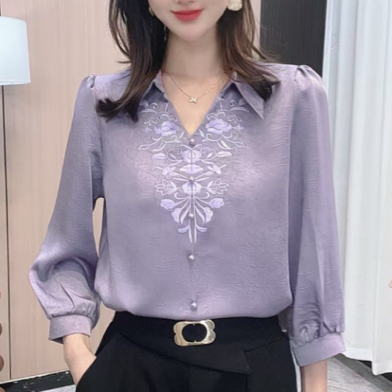 刺绣七分袖衬衫女设计感显瘦气质百搭休闲上衣春夏新款