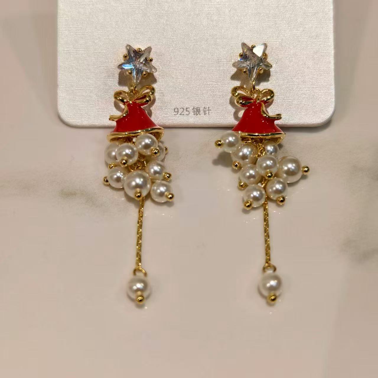 铜合金耳饰 高级感金色红系列小圣诞树耳钉