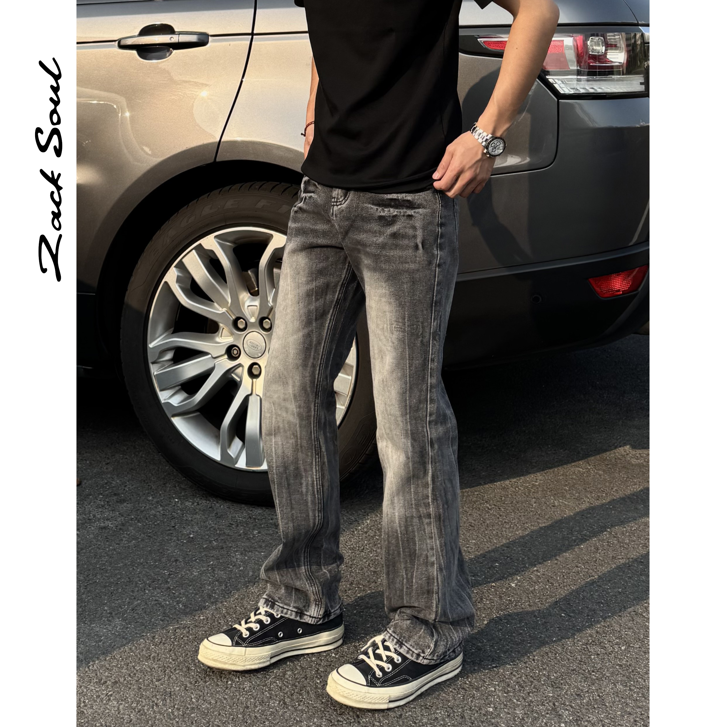 Zacksoul “巴黎闪电风暴灰”微喇牛仔裤Vintage做旧显瘦新款小众