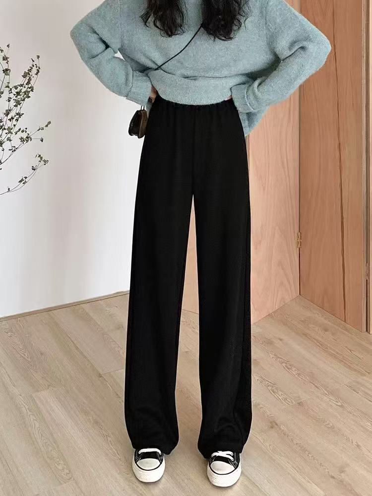 7568 针织阔腿裤女春秋黑色高腰垂感直筒宽松裤子