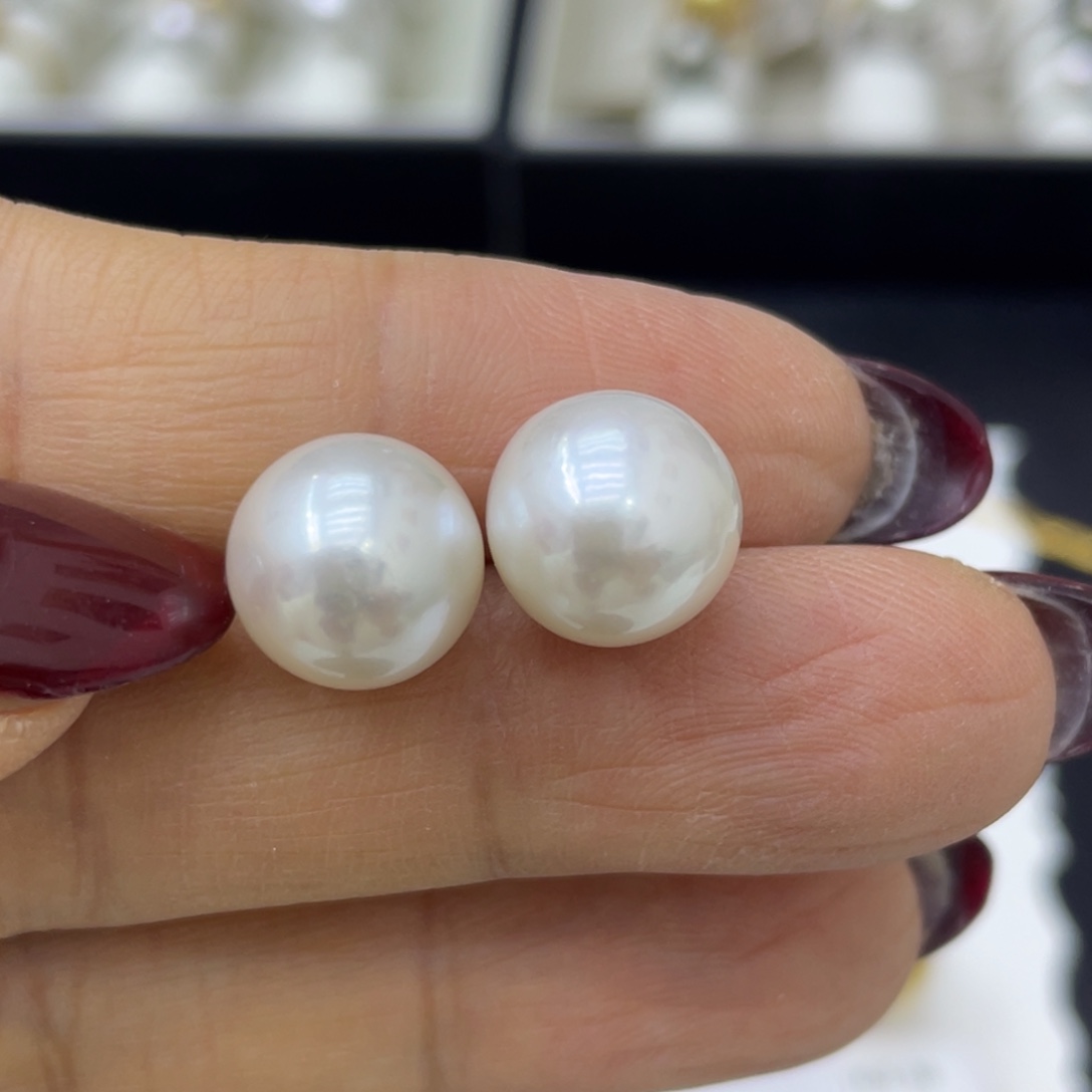 淡水珍珠耳饰银S925镶嵌11-12mm正圆强光