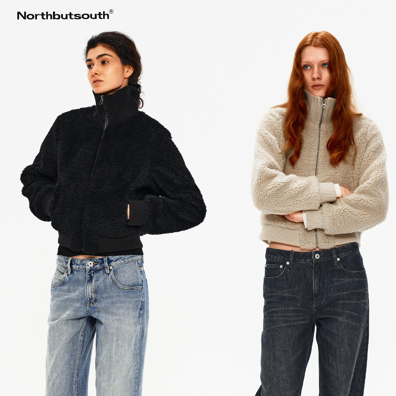Northbutsouth自然卷曲毛绒拼接立领罗纹环保皮草短外套