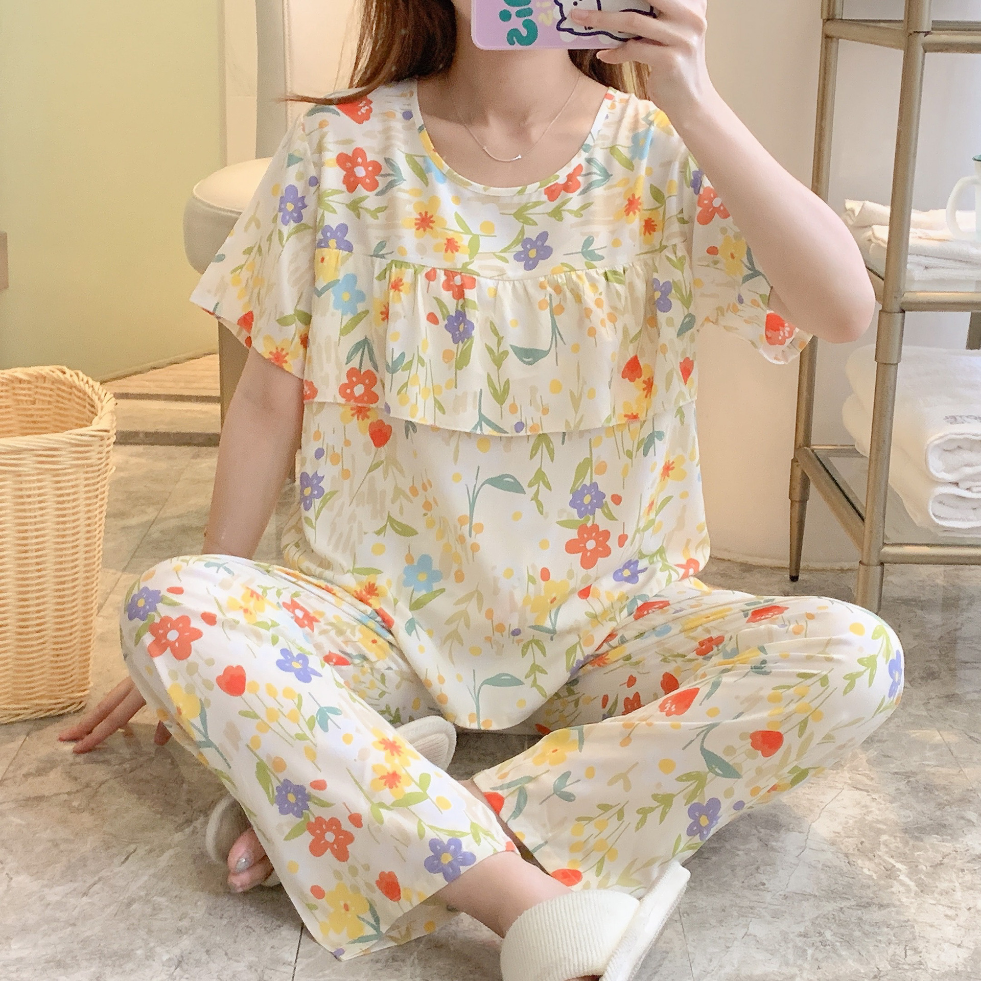 春夏新款潮流短袖长裤大码女士时尚洋气睡衣套装女士绵绸女家居服