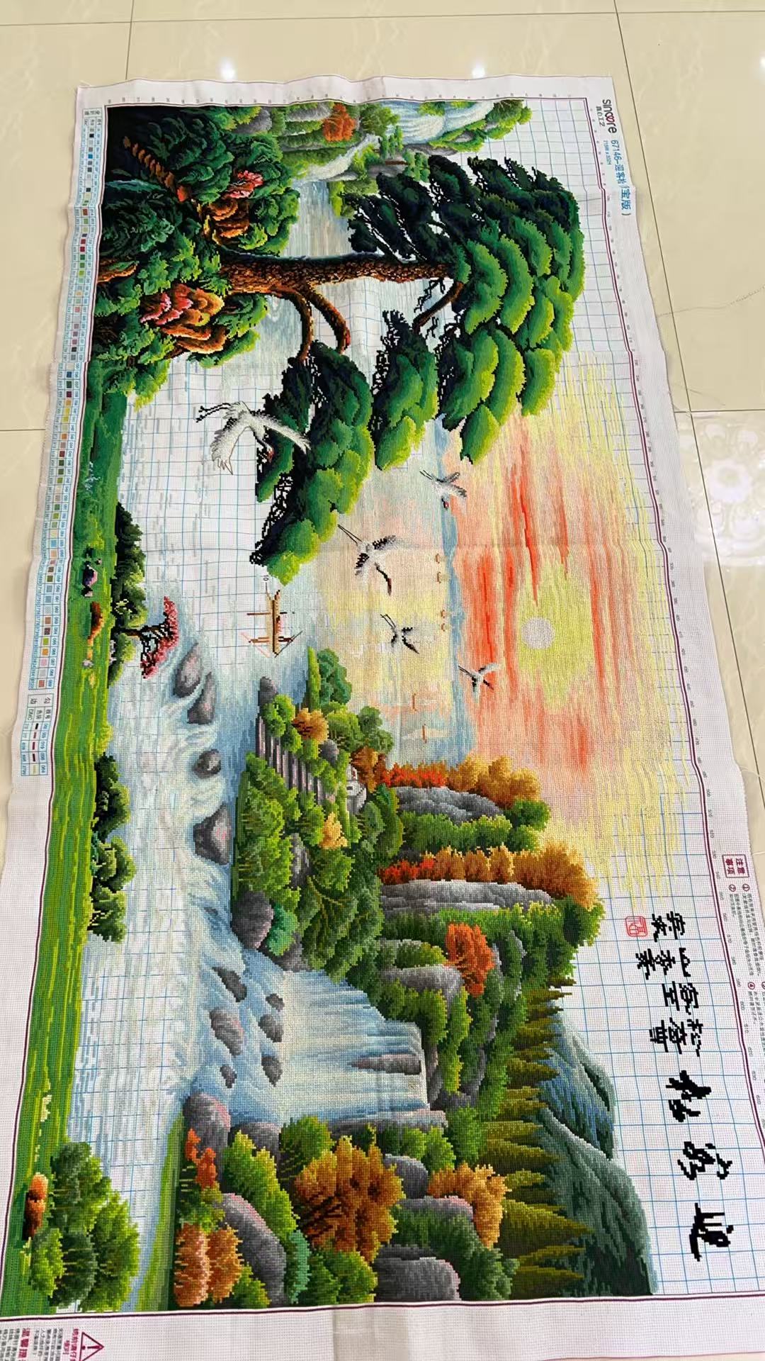 纯手工绣好的十字绣成品迎客松仙鹤版山水风景客厅装饰画172✘86
