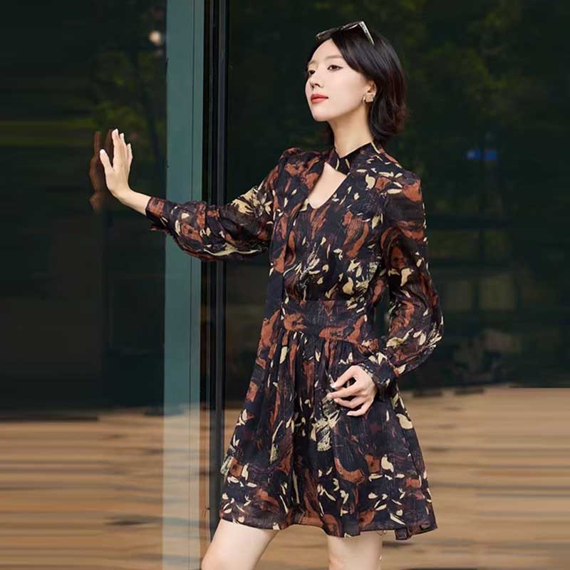 【商场同款】女装早秋法式气质时尚高腰立领碎花裙长袖连衣裙550035