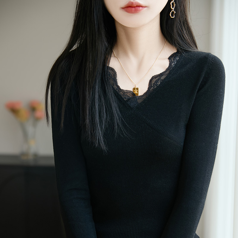 V领拼接针织长袖女薄款毛针织衫白色洋气修身蕾丝HY207