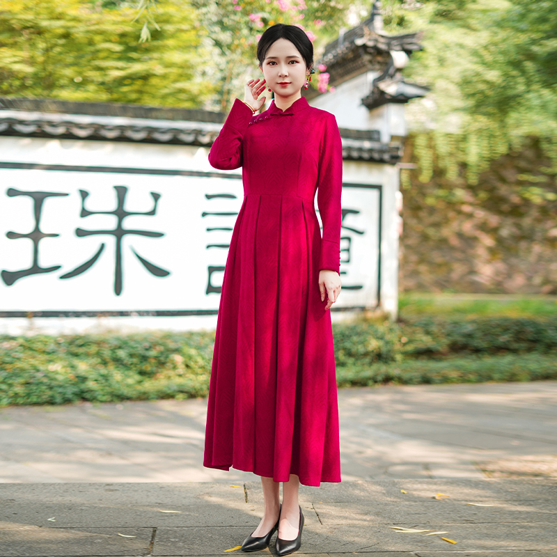 如意风秋季新款红色显瘦复古时尚新中式国风气质旗袍连衣裙25R611