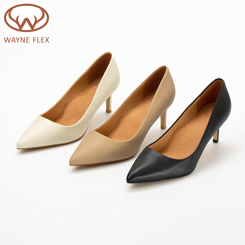 韦恩Wayneflex女浅口尖头高跟鞋舒适时尚真皮职业细跟单鞋2156
