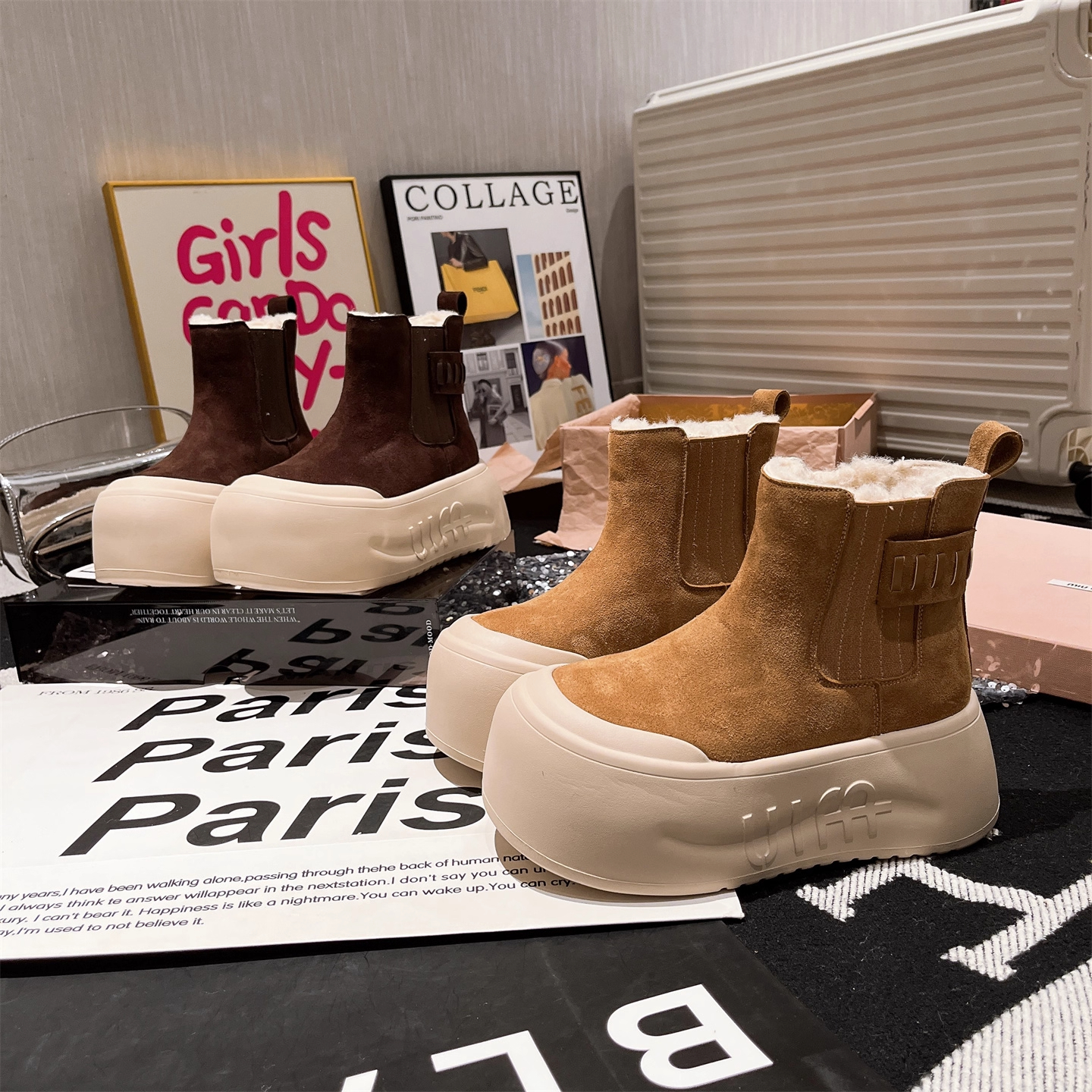 【郑】保暖厚底松糕大头面包鞋马丁靴机车靴短靴加绒雪地棉靴女鞋