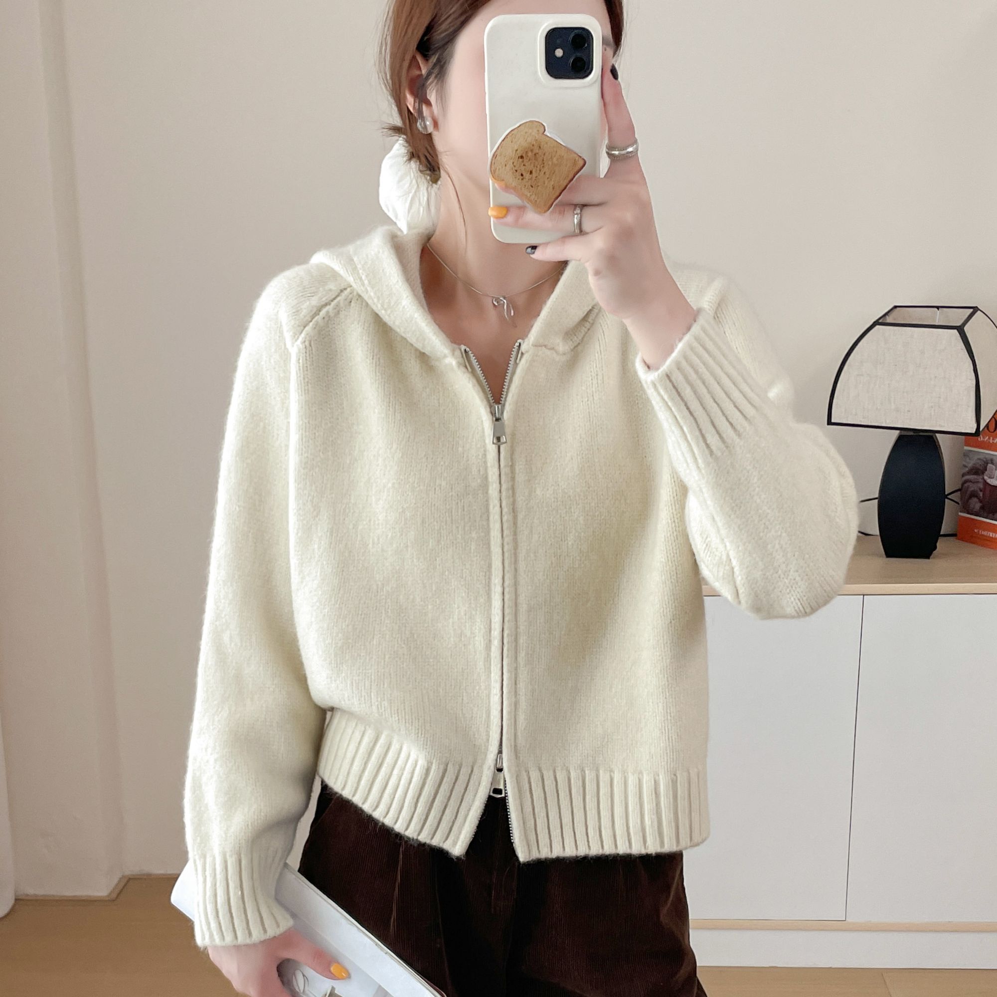 小个子宽松连帽毛衣开衫女秋冬新款纯色韩系短款双拉链针织上衣潮