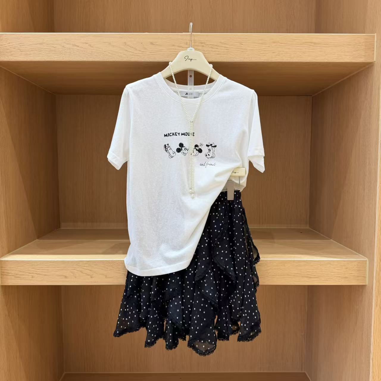 JILLYI珠海店【米奇屋+波点奇迹】白色米老鼠图案T恤+波点网纱半裙