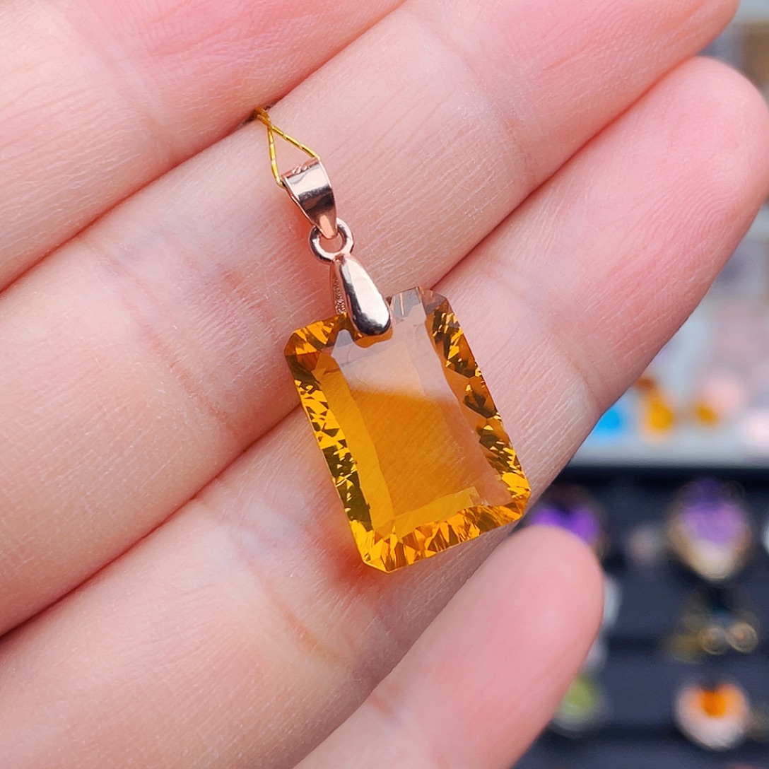 珠宝半成品水晶银S925镶嵌天然黄水晶无事牌