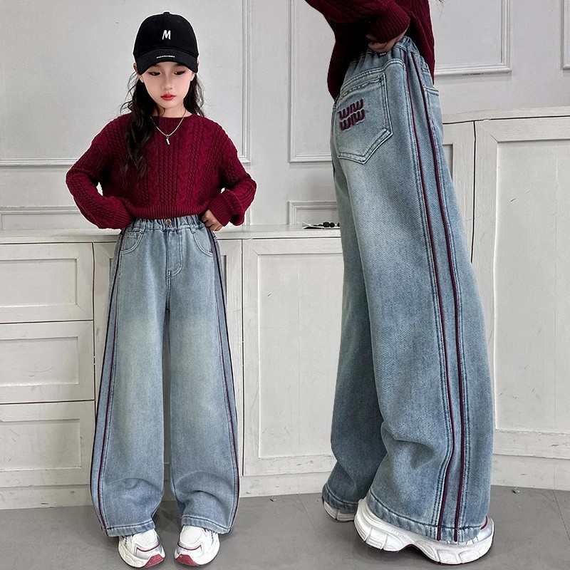 女童裤子2025新秋冬加绒款宽松软牛仔儿童牛仔裤中大童女孩阔腿裤