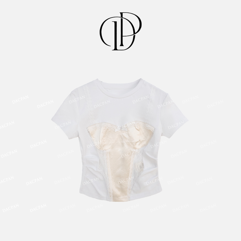 DACPAN-“芭蕾千金”假两件蕾丝镂空短袖上衣 2025/盼·25030830