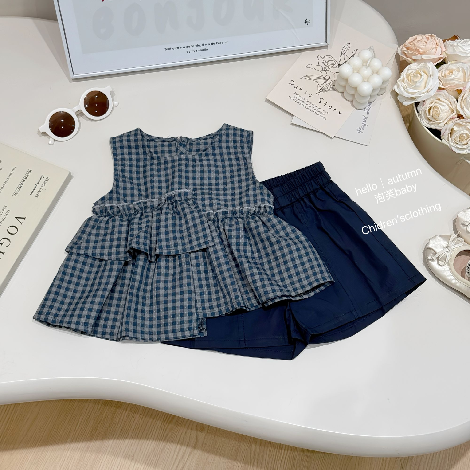 【泡芙baby】韩系穿搭！2025女童无袖背心夏儿童格子上衣短裤套装