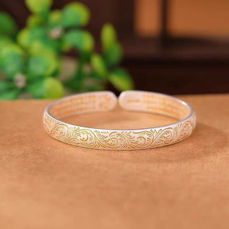 足银手镯 999.9描金唐草纹卷草纹开口手镯复古女实心纯银镯子