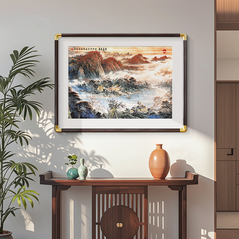 紫气东来玄关挂画聚宝盆山水画新款茶室新中式装饰画东墙聚财壁画