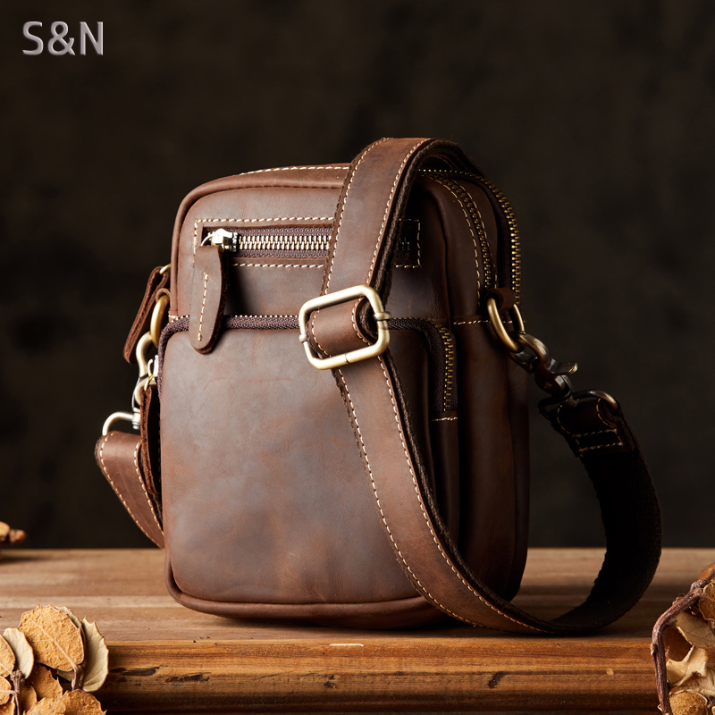 手工真皮男包疯牛皮复古单肩斜挎小包休闲百搭穿皮带腰挂手机包潮