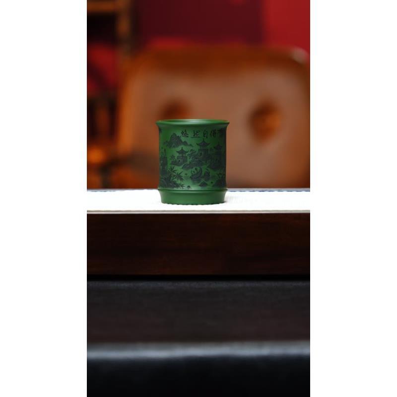 宜兴紫砂 主人杯 熊猫竹节 绿泥 任家娟 h214